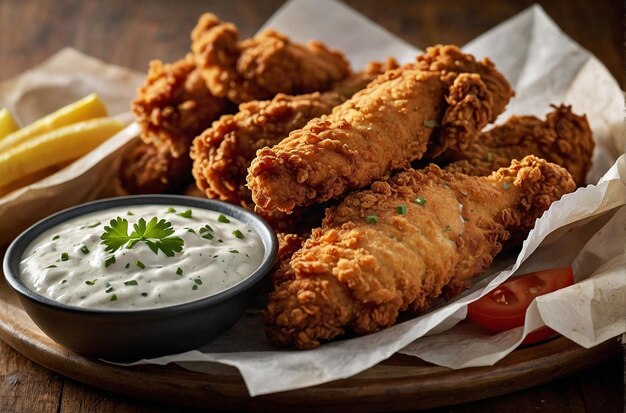 vibrant photo of Fried chicken tenders served with r