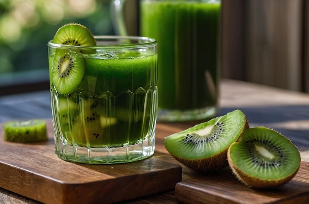 vibrant photo of A glass of green juice placed on a