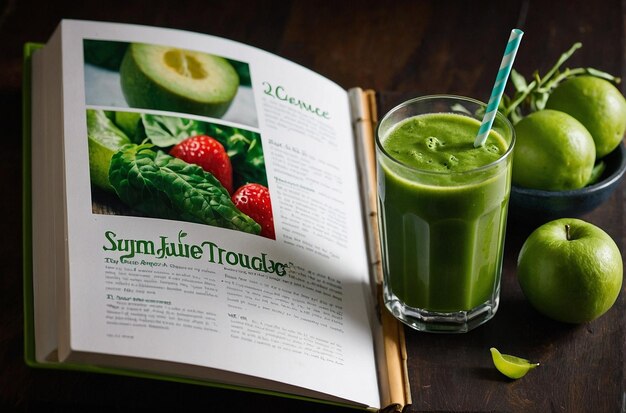 Foto vibrant photo of a green juice recipe book open to a