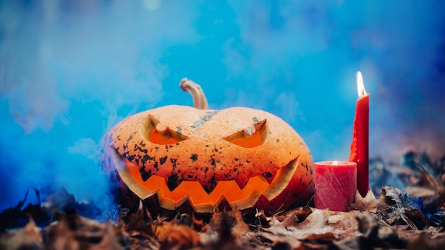 Vibrant photo of halloween jackolantern in blue smoke burning candle nearby Halloween background concept