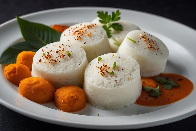 Photo vibrant photo of idli on a white plate with garnish