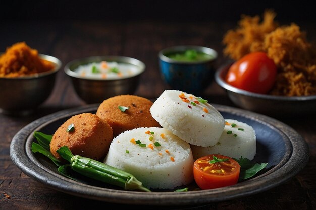 Photo vibrant photo of idli with a side of fried vegetabl