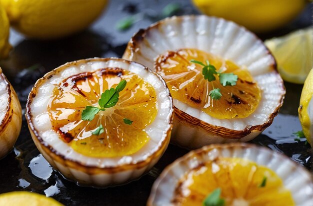 vibrant photo of Lemon juice on grilled scallops