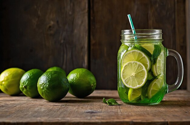 Photo vibrant photo of limeade in mason jar with stra