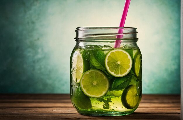 Photo vibrant photo of limeade in mason jar with stra