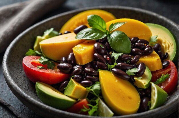 Фото Яркое фото салата из манго, авокадо и черных бобов.