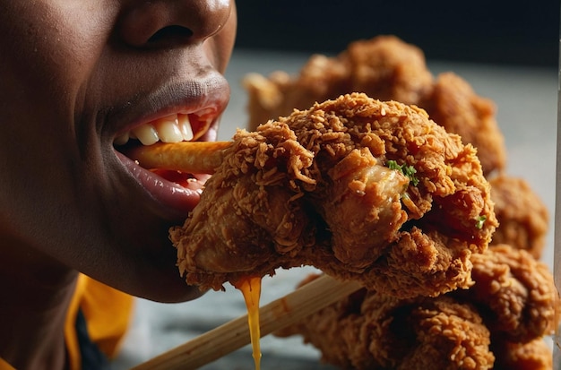 Photo vibrant photo of person taking a bite out of a fried