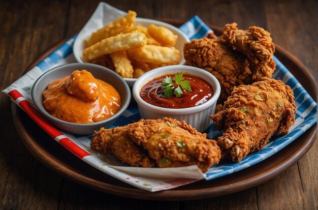 vibrant photo of Plate of fried chicken with various