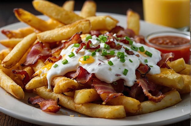 vibrant photo of A plate of loaded fries top