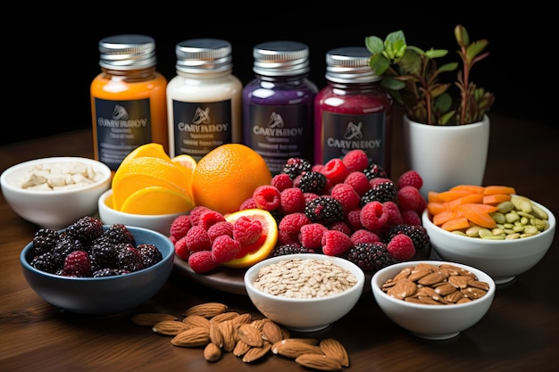 A vibrant photo showing eyecatching foods jars of dietary supplements berries and nuts Learn about their nutritional properties for optimal eye health Generative AI