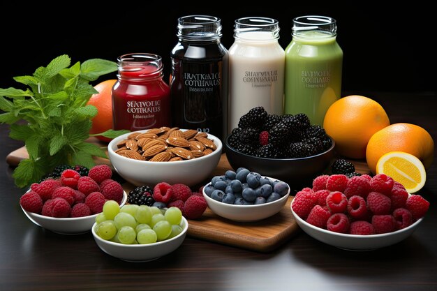 A vibrant photo showing eyecatching foods jars of dietary supplements berries and nuts Learn about their nutritional properties for optimal eye health Generative AI