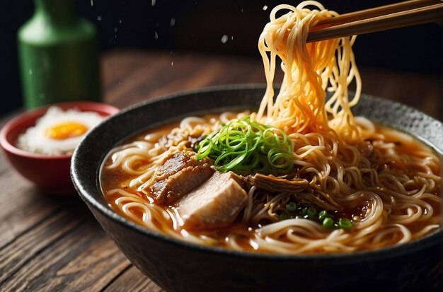 Photo vibrant photo of slurping delicious ramen