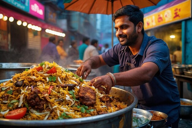 Photo vibrant photo of street food vendor serving fragran