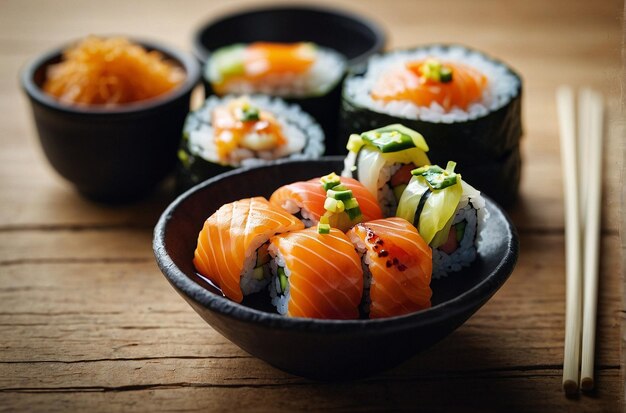 vibrant photo of Sushi rolls with a dipping s