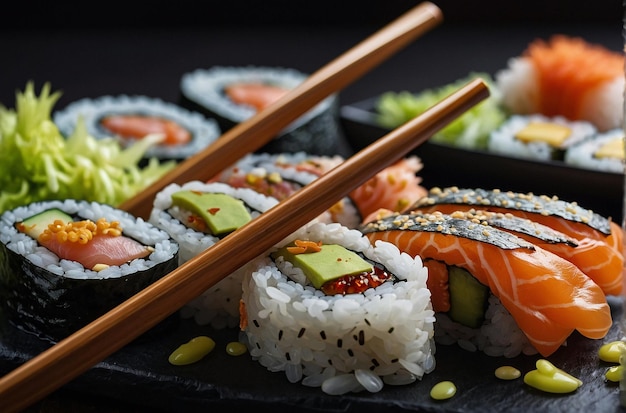 Яркая фотография суши, подаваемой с палочками.