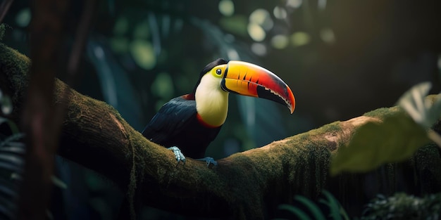 무성한 정글에 자리 잡은 큰부리새의 생생한 사진 Generative AI