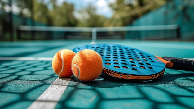 Vibrant Pickleball Scene paddles en ballen op het groene buitenveld klaar voor een spannende wedstrijd