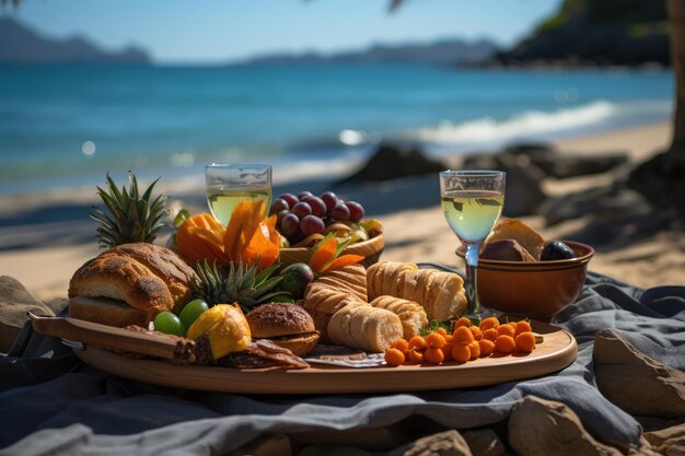 Foto vibrante picnic sulla spiaggia con succhi colorati generativi ia