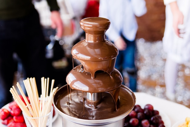 Immagine vibrante di fontana di cioccolato fontain sulla festa di compleanno per bambini piccoli