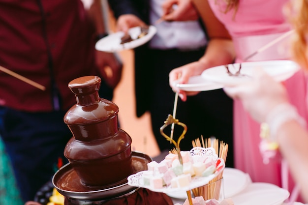 パーティーのチョコレート噴水フォンテンの鮮やかな写真