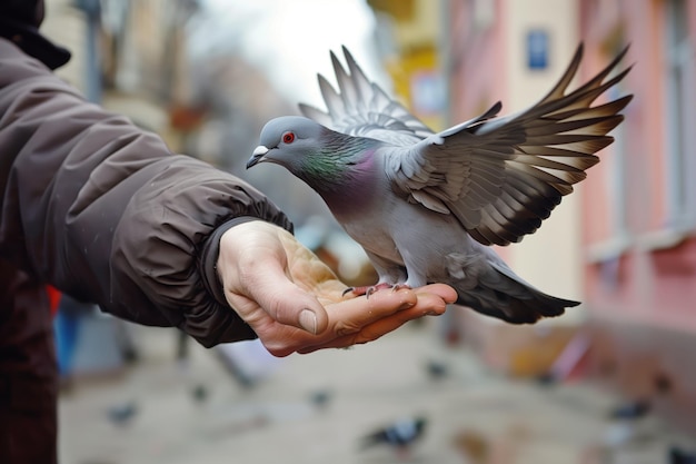 Foto l'atterraggio del piccione vibrante in un ambiente urbano