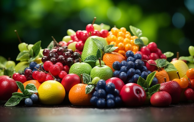 A vibrant pile of assorted fruits glistening under sunlight arranged on a wooden table