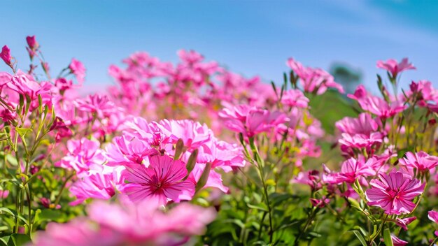 鮮やかなピンクの背景と開いているピンク色の花の畑