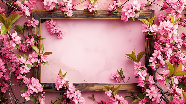 写真 木製の空っぽのフレームに桜の枝がついた活発なピンクの花の春の背景