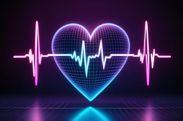 Vibrant pink and blue neon heart rate symbol on a dark background with grid lines