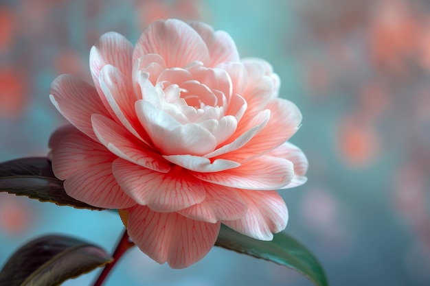 Vibrant Pink Camellia Bloom CloseUp met zachte blauwe Bokeh achtergrond Elegant Floral Wallpaper