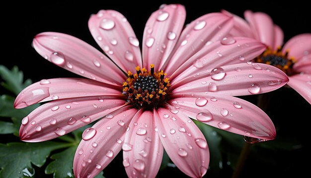 Vibrant pink daisy blossom reflects beauty in nature wet meadow generated by artificial intellingence