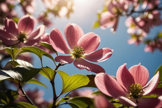 Vibrant pink dogwood blooms in sunlight