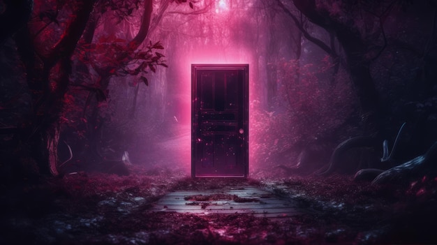 A vibrant pink door nestled in of a lush forest