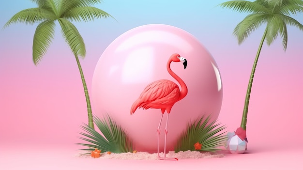 A vibrant pink flamingo standing beside a lush green palm tree