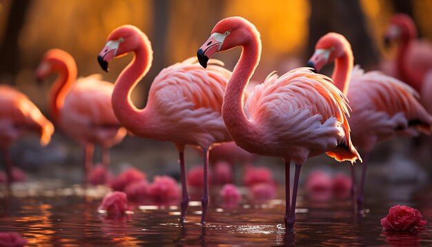 Vibrant pink flamingos wading in tranquil blue pond at sunset generated by artificial intelligence