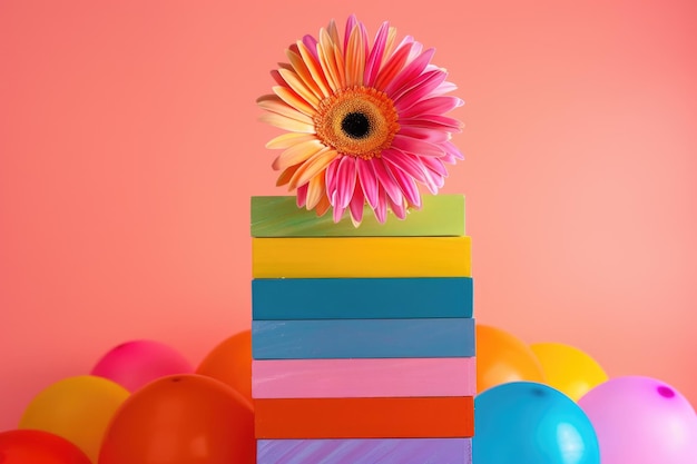 A vibrant pink flower elegantly rests atop a stack of brightly colored blocks in a dazzling and artistic composition