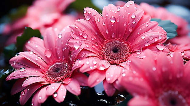 생생한 핑크색 거베라 데이지 섬세한 꽃잎 이슬 맺힌 신선함 선택적 초점