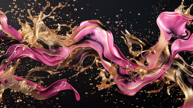 Vibrant Pink and Gold Swirls in Abstract Fluid Art Background