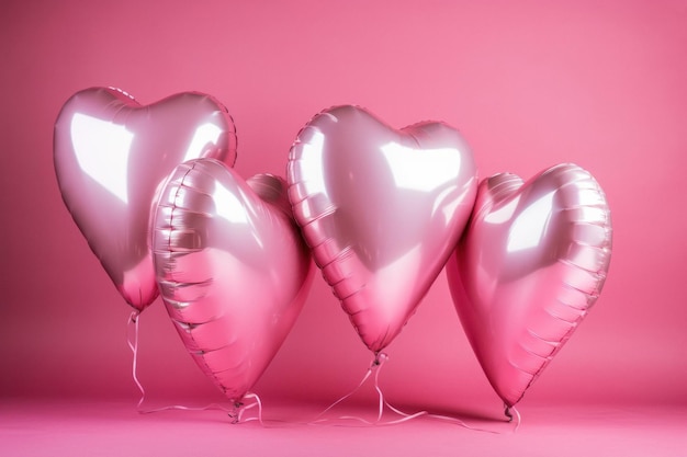 Vibrant pink heartshaped helium balloons on pastel pink background