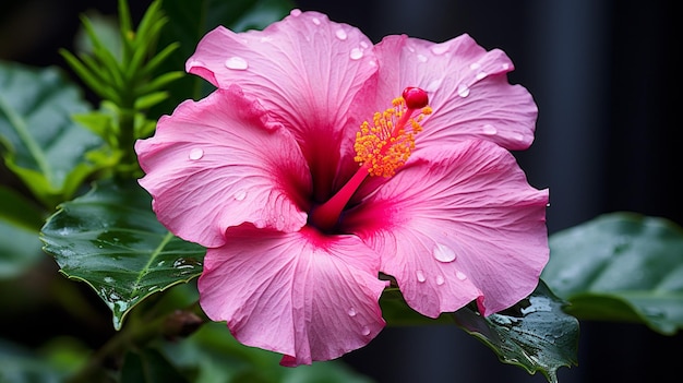 푸른 잎자루 배경 에 활기찬 분홍색 히비스쿠스 꽃