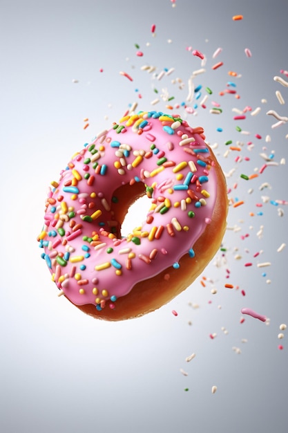 Vibrant Pink Iced Donut with Sprinkles Cascading from Above Generated by AI