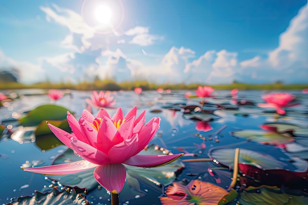 Над водой цветет ярко-розовый цветок лотоса с солнечными вспышками и боке, подчеркивающими его спокойную красоту