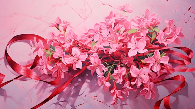 활짝 핀 꽃과 얽힌 생생한 핑크 리본 유방암 인식