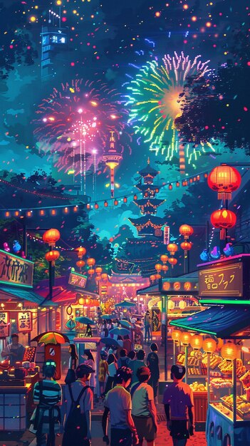 Photo vibrant pixel art of a lively city festival