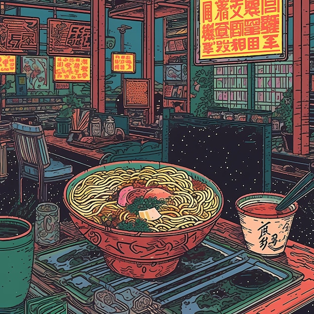 Vibrant Pixel Art Noodle Shop with Evening Glow