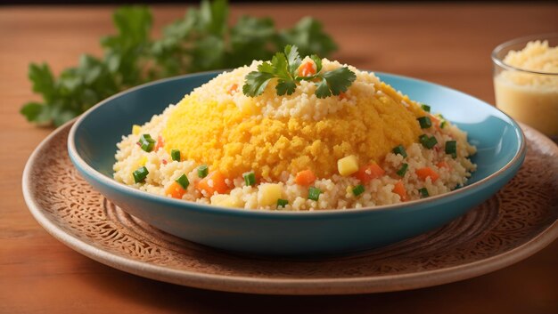 A vibrant plate of Brazilian cuz cuz cous cous and farofa garnished with freshly grated cassava