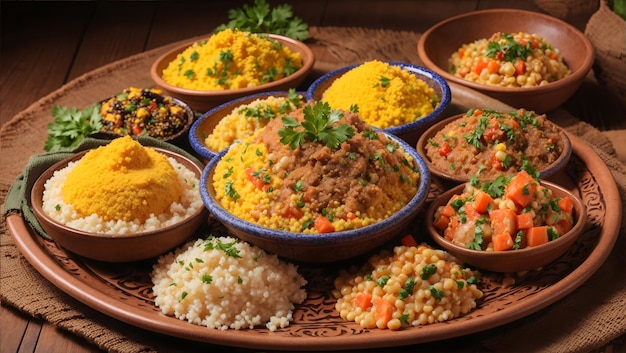 A vibrant plate of Brazilian cuz cuz cous cous and farofa garnished with freshly grated cassava