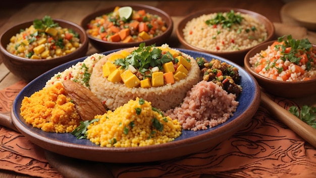 A vibrant plate of Brazilian cuz cuz cous cous and farofa garnished with freshly grated cassava