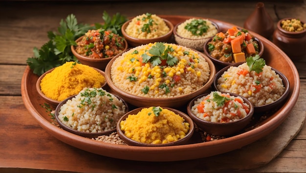 A vibrant plate of Brazilian cuz cuz cous cous and farofa garnished with freshly grated cassava