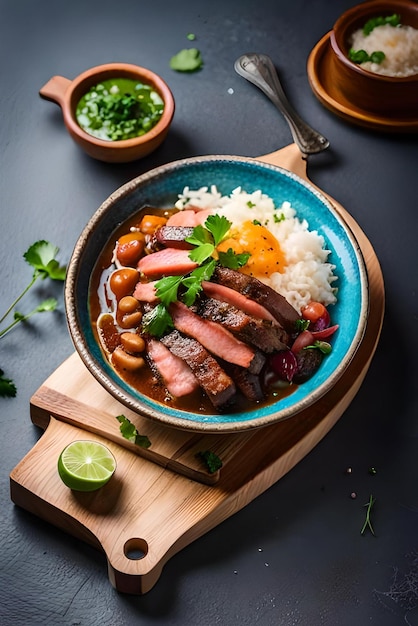 A vibrant plate of Brazilian feijoada with a side of farofa and a garnish of fresh cilantro